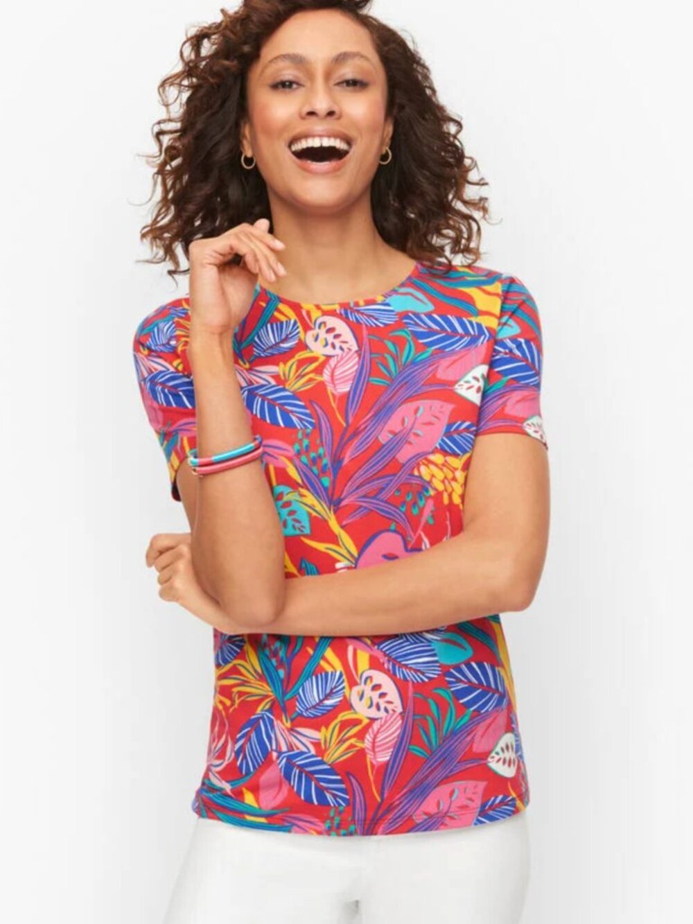 Talbots Crewneck Jungle Leaves Tropical Tee Shirt Size XL Colorful NEW g8